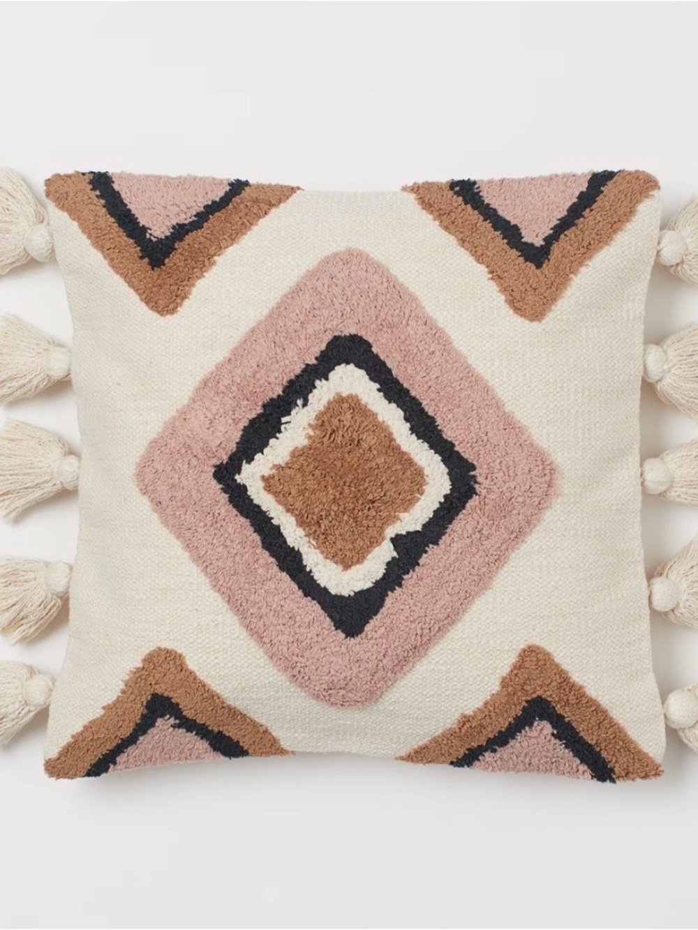 H&M Tufted Diamond Accent Pillow Cover - Mauve, Tan & Black with Tassels 20x20